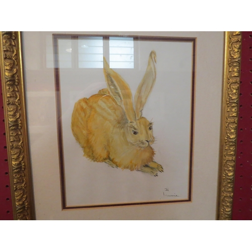 4327 - Two gilt framed watercolours of hares, 23cm x 18cm and 13.5cm x 13.5cm image sizes