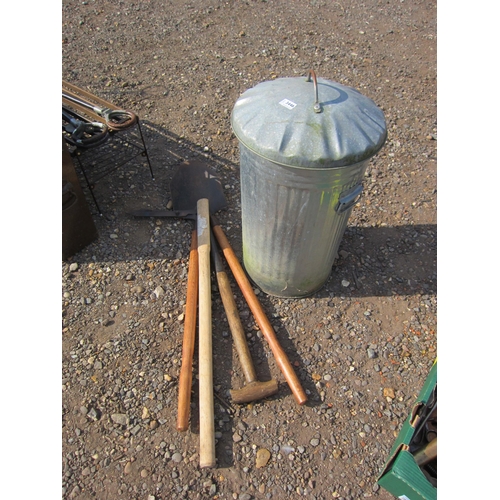 3446 - A galvanised bin and tools