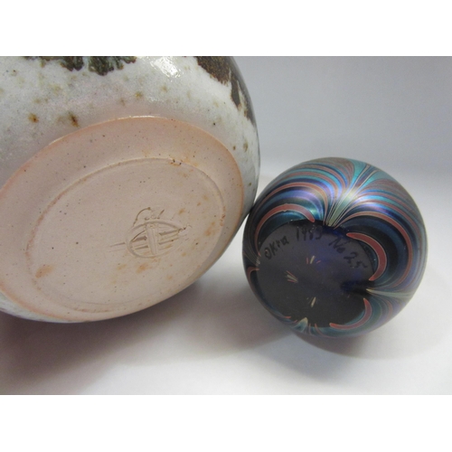 4311 - A studio pottery vase with design of pine trees, together with an Okra iridescent glass paperweight,... 