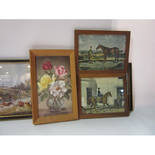 4312 - Five coloured prints including still life, horse riding and cricket, all framed and glazed