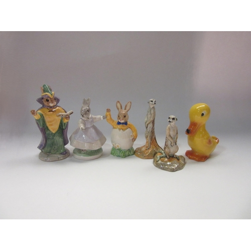 4314 - Five Royal Dolton figures including two Beswick Meerkats, two Royal Doulton Bunnykins, a Coalport bu... 