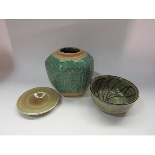 4328 - An Oriental vase together with a Studio pottery bowl and dish (3)