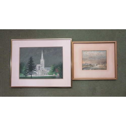 4331 - A painting of a cathedral signed Gerald Rickards 1991, together with a Victorian winter scene. Both ... 