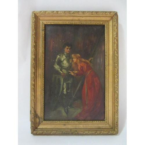 4352 - A 19th Century oil on wooden panel depicting knight and maiden. Gilt framed.  27cm x 17cm image size