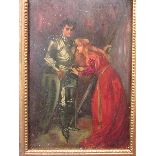 4352 - A 19th Century oil on wooden panel depicting knight and maiden. Gilt framed.  27cm x 17cm image size