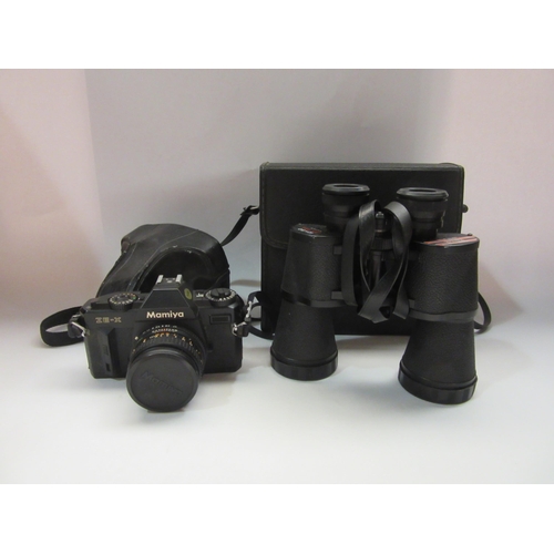 4362 - A Mamiya ZE-X camera and a pair of Tecnar by Swift 12x50 binoculars, both with cases