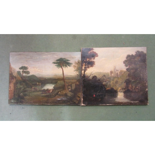 4363 - Two 19th Century oils on canvas depicting figures in rural scenes such as people dancing by lake and... 