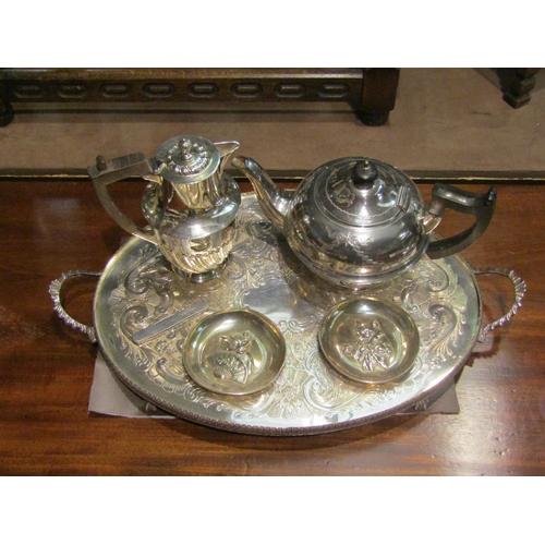 4003 - An Arthur Price silver plated tray, teapot, chocolate pot, a pair of dishes and pen knife (6)