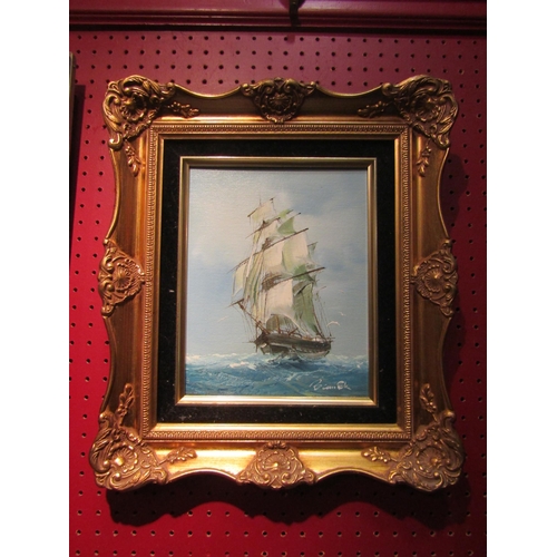 4037 - An acrylic on board of masted sail ship, signed lower right, ornate gilt frame. Frame dimensions 40c... 