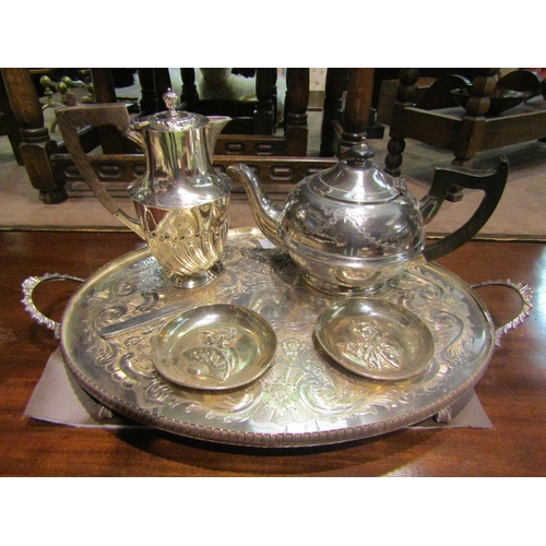 4003 - An Arthur Price silver plated tray, teapot, chocolate pot, a pair of dishes and pen knife (6)