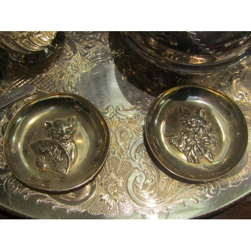 4003 - An Arthur Price silver plated tray, teapot, chocolate pot, a pair of dishes and pen knife (6)