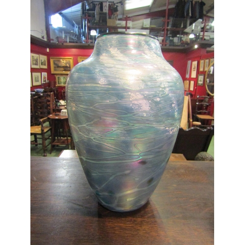 4013 - A Tom Stoenner iridescent art glass vase in blue and purple tones, signed and dated 1998 to base, 29... 