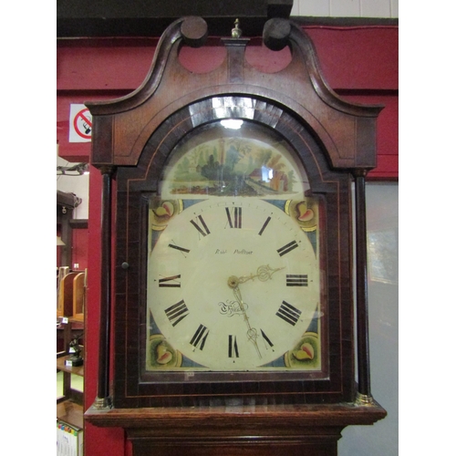 4029 - An early 19th Century oak and mahogany long case clock, the painted arched face named 'Robert Pallis... 