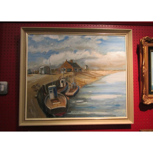 4032 - LEON BRADFORD: An oil on board of a coastal quayside scene at low tide.  Signed and dated 1977 lower... 