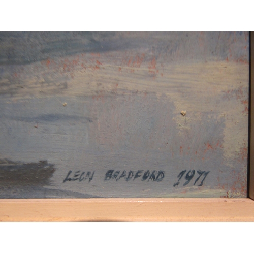 4032 - LEON BRADFORD: An oil on board of a coastal quayside scene at low tide.  Signed and dated 1977 lower... 