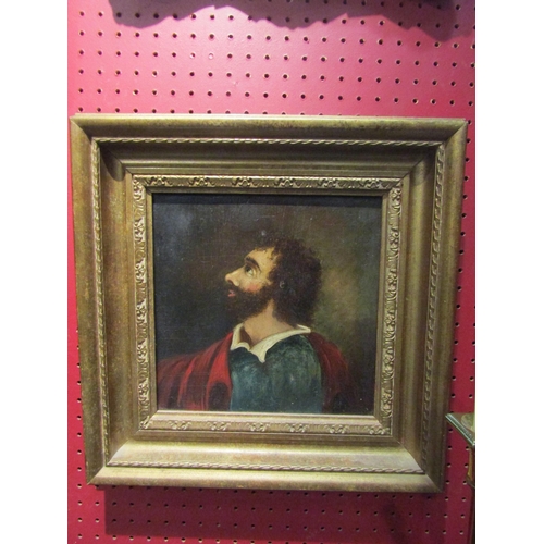 4038 - An oil on wooden panel depicting side profile of bearded gent, gilt frame, 22cm x 22cm image size