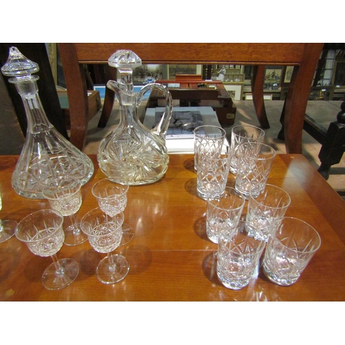 4260 - A cut glass ship's decanter, one other, and a selection of glasses including six Stuart hock, four l... 