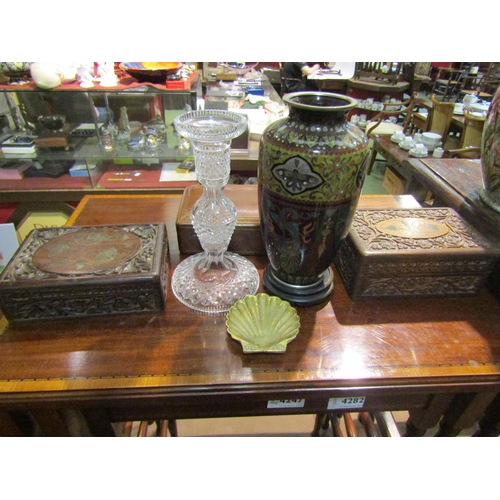 4281 - A carved trinket box, leather box, crystal candlestick and cloisonne vase etc. (6)