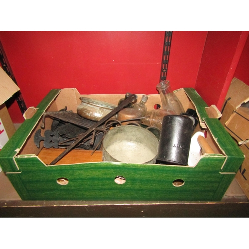 4297 - A box containing mainly metalware and bygone bottles