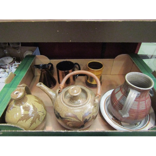 4302 - A box of ceramics including studio pottery teapot and jug form lamp base etc.