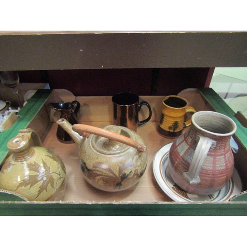 4302 - A box of ceramics including studio pottery teapot and jug form lamp base etc.