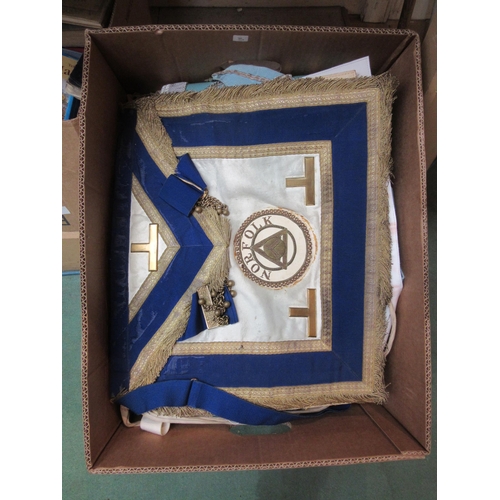 2463 - Two boxes containing approx 60 items of Masonic regalia including aprons