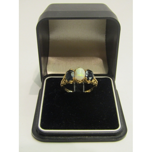 4443 - A 9ct gold sapphire and opal ring in the Victorian style, opal a/f