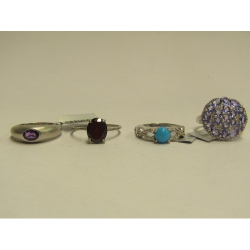 4450 - Four various rings, all 925 including Amethyst, Rhodolite and turquoise, with certificates