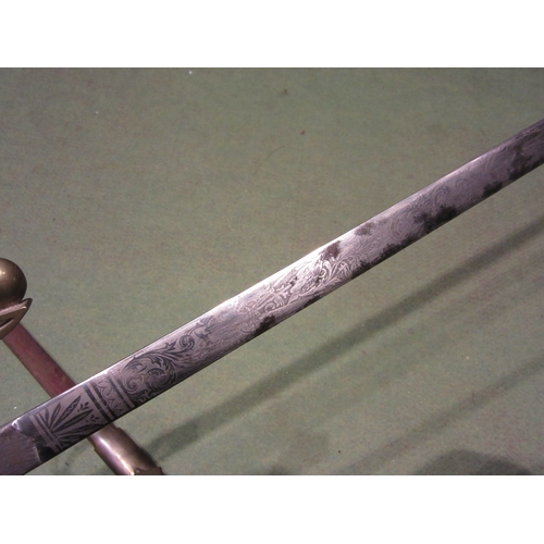 4392 - A ceremonial sword with acid etched blade, no markings. Thought to be from Toledo, Spain, with scabb... 