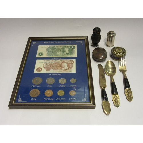 4393 - A collection of metal wares including a silver salt shaker, Thai cutlery set, owl pepperette and fra... 