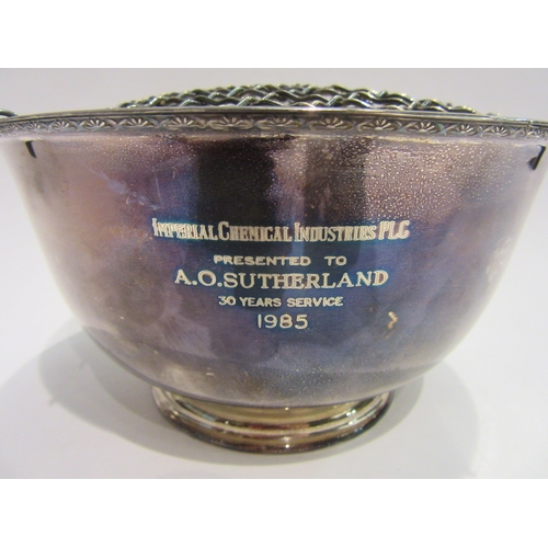 4399 - A silver presentation rose bowl, personalised inscription, 17cm diameter, Sheffield 1985