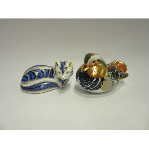 4408 - Two Royal Crown Derby paperweights, Mandarin Duck, silver stopper, 7cm tall, and recumbent fox, no s... 