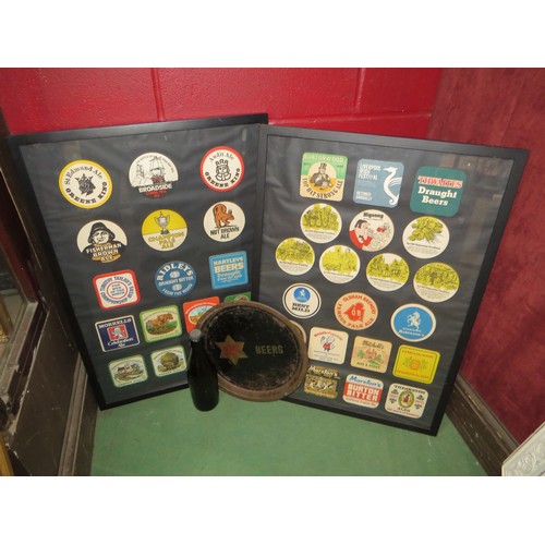 4250 - Two framed collections of beer mats and a Phipps Beers tray and bottle together with a box of miscel... 