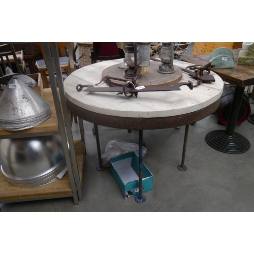 2048 - An industrial circular pine top table with cast iron base