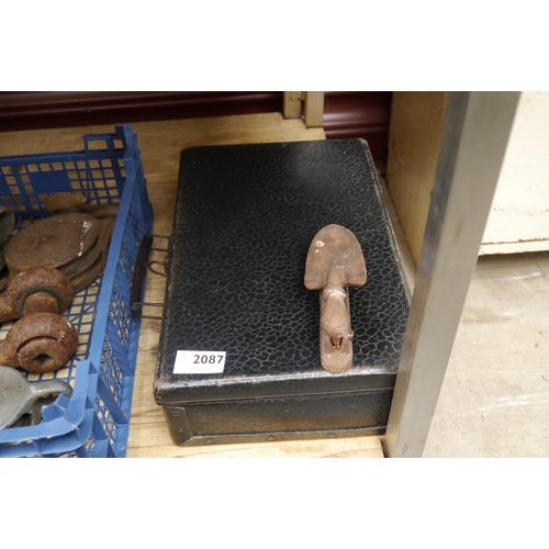 2087 - A cast iron door knocker in shape of a shovel and a small case faux crocodile skin