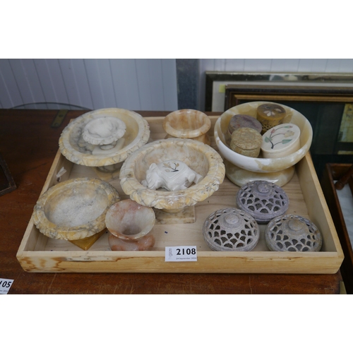 2108 - A box of Victorian stone dishes and stone soapstone carved boxes and elephant