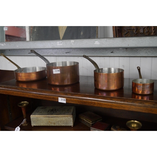 2146 - Four French copper and tin lined saucepans