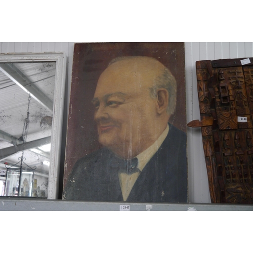 2147 - A.O. GAGE (XX): An oil on canvas portrait of Winston Churchill, unframed, 76cm x 50cm, dated 17 Feb ... 