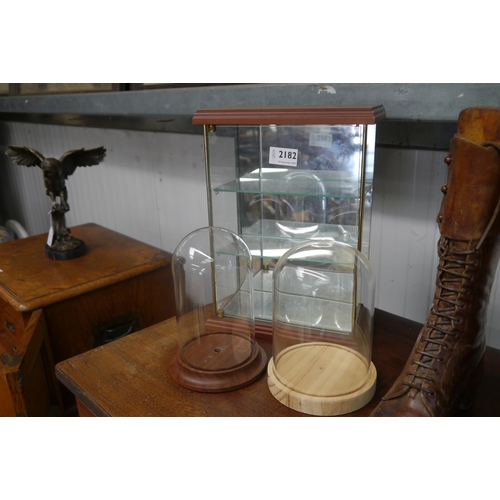 2182 - Two glass display domes and a small glazed cabinet