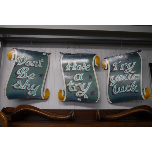 2296 - Three wooden double sided hand painted fairground signs 'Try Your Luck' 'Have A Go' and 'Don't Be Sh... 