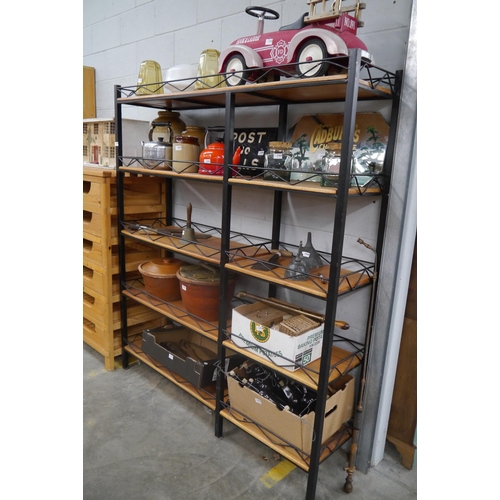 2356 - A metal work and wood shelving unit 
160cm wide 184cm high 40cm deep