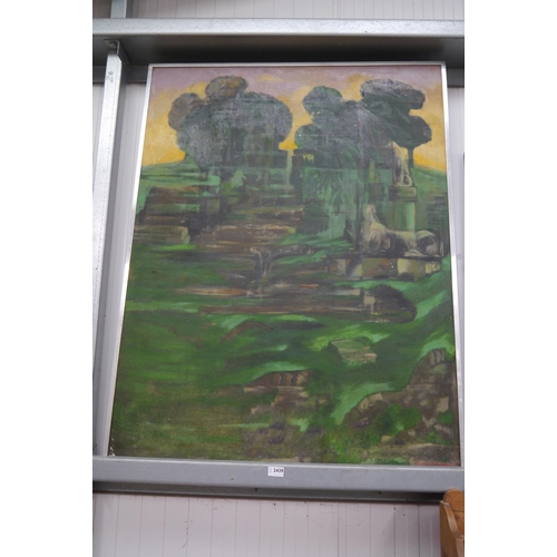 2439 - A mid-century oil on canvas of statues and trees on a hill, signed lower right '70, some damage, fra... 