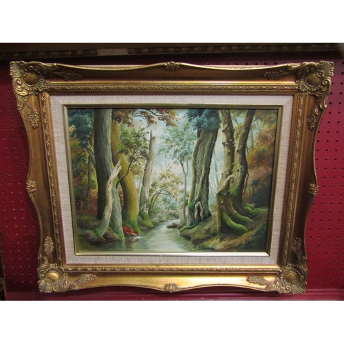 4057 - S.V. GILBERT (Essex painter): Oil on canvas of fox drinking from a river passing through woodland.  ... 