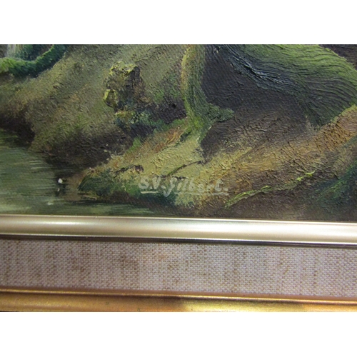 4057 - S.V. GILBERT (Essex painter): Oil on canvas of fox drinking from a river passing through woodland.  ... 