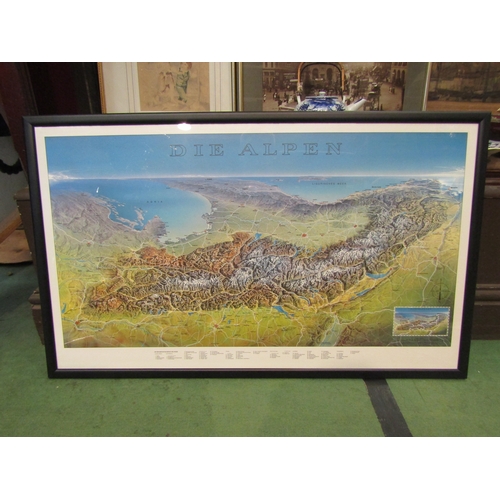 4241 - A map of the Alps from a southern direction, framed and glazed, 53cm x 88cm total, together with a 3... 