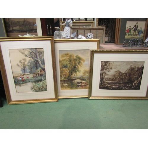 4243 - Five 19th Century pictures of rural scenes including two watercolours of cattle, one signed Haselgra... 