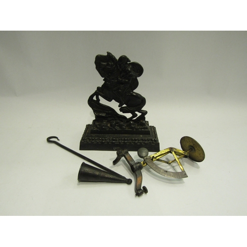 4481 - A small cast iron door stop as Napoleon on his horse. A brass letter scale (a/f). A candle extinguis... 