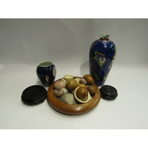 4482 - A Corona Ware vase and Copenhagen vase (both damaged), two stands and a treen bowl containing shells... 