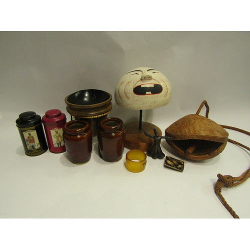 4491 - A mixed lot of items including Alpin Barrett cream jugs, Wilson's tea tins, carved wooden bell etc.