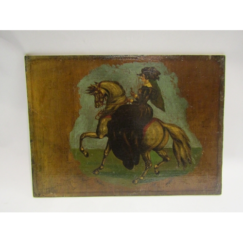 4492 - A selection of assorted pictures and prints including a painting on leaf, oleograph of lady on horse... 